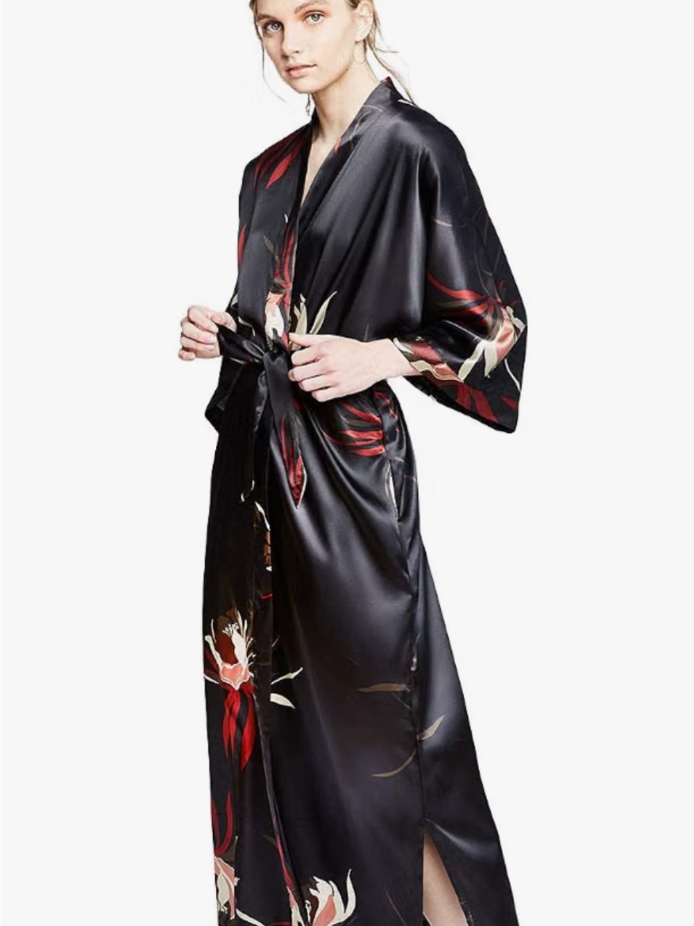 Satin Floral Kimono Robe in Black with Red & Cream Accents